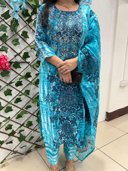 Blue Cotton Suit with Embroidery on Neck