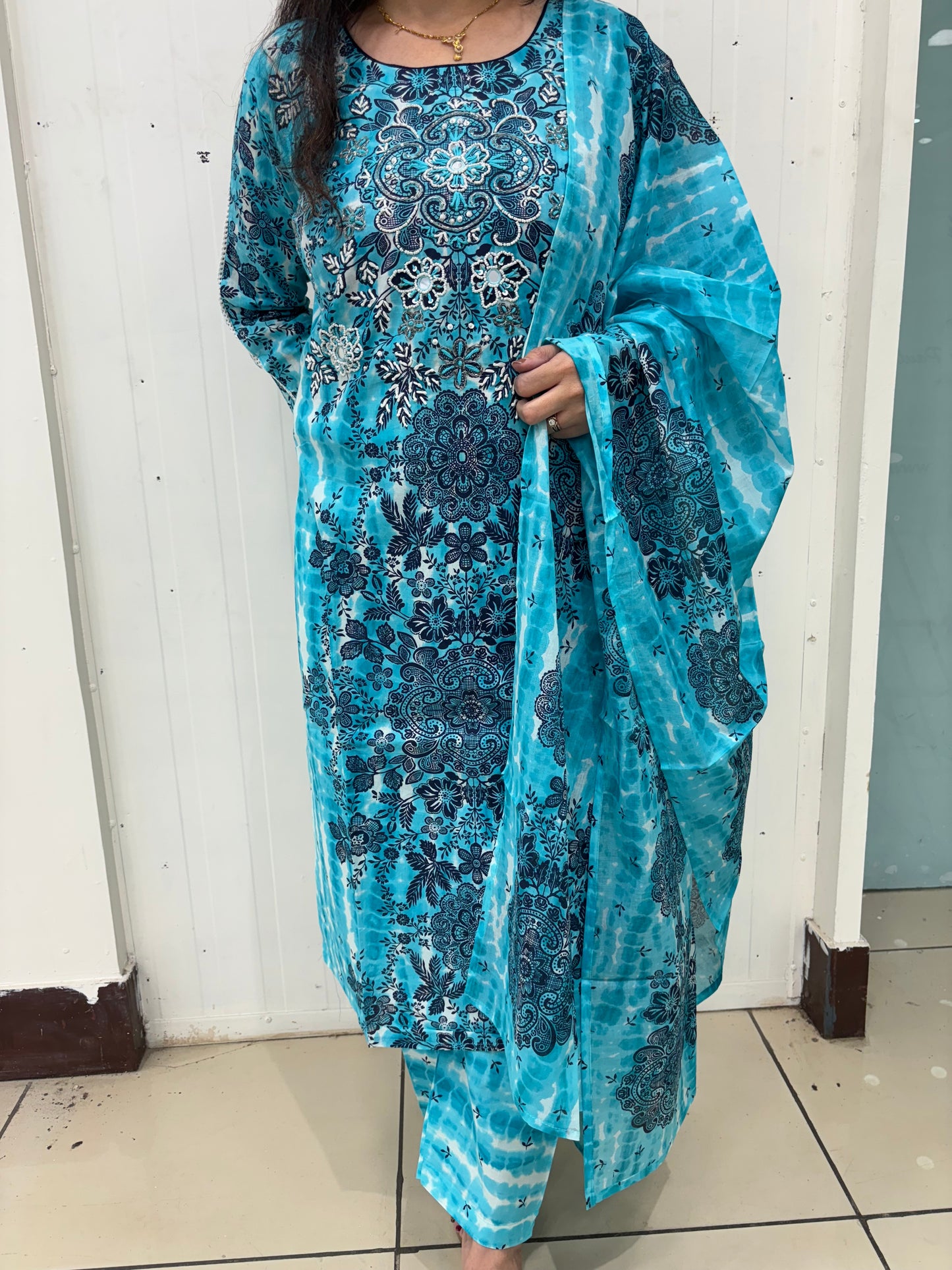 Blue Cotton Suit with Embroidery on Neck