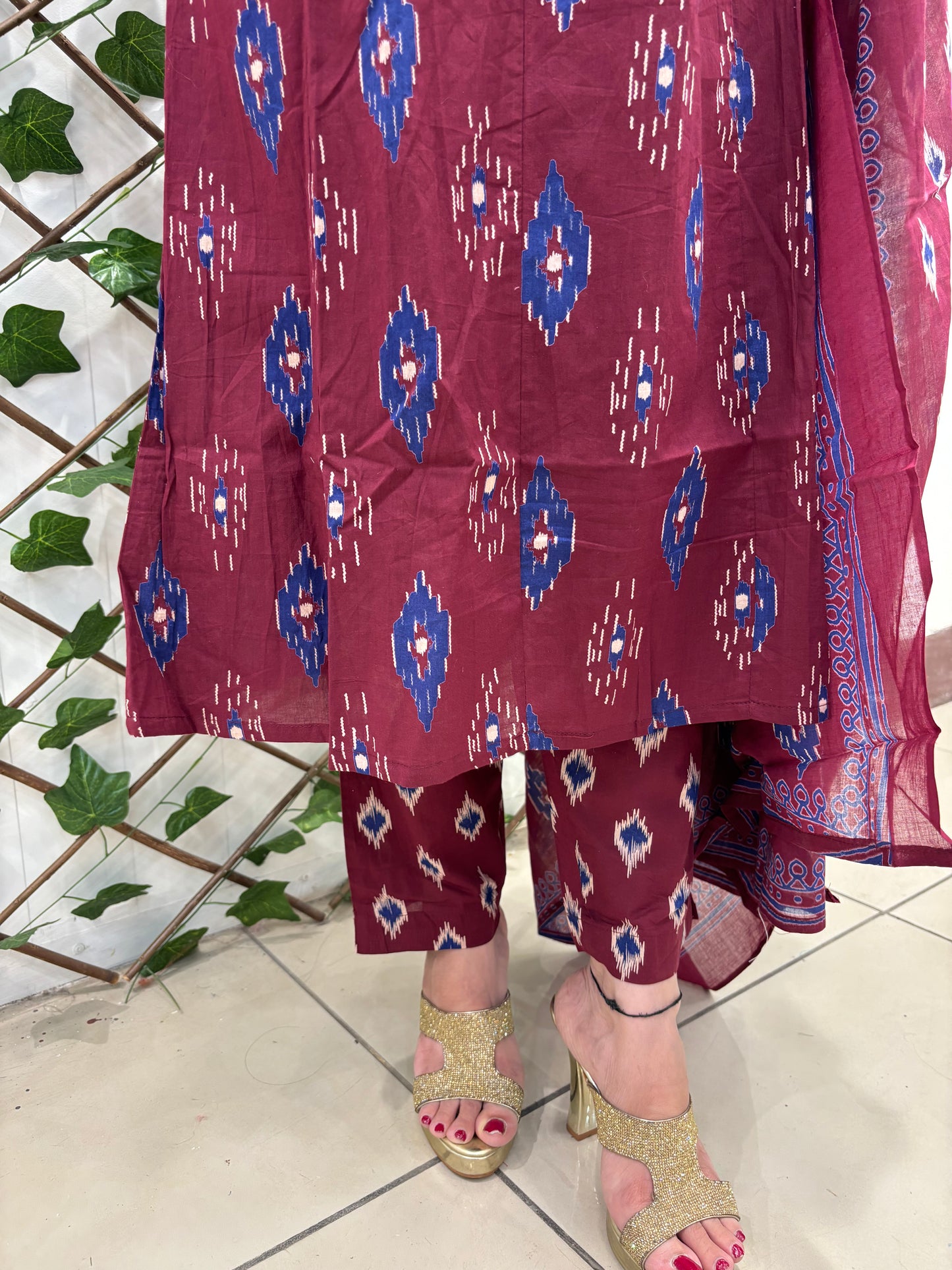 Maroon Color Baatiq Print Pure Cotton A-line Suit