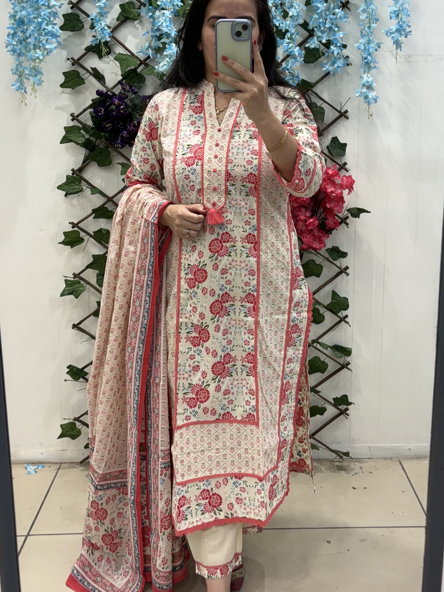 Cream Cotton Suit with Pink Thread Embroidery