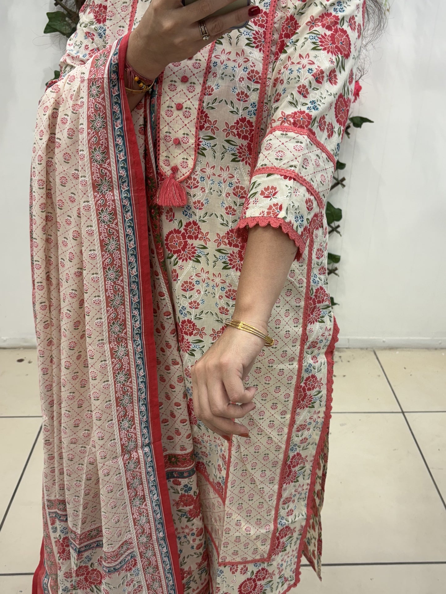 Cream Cotton Suit with Pink Thread Embroidery