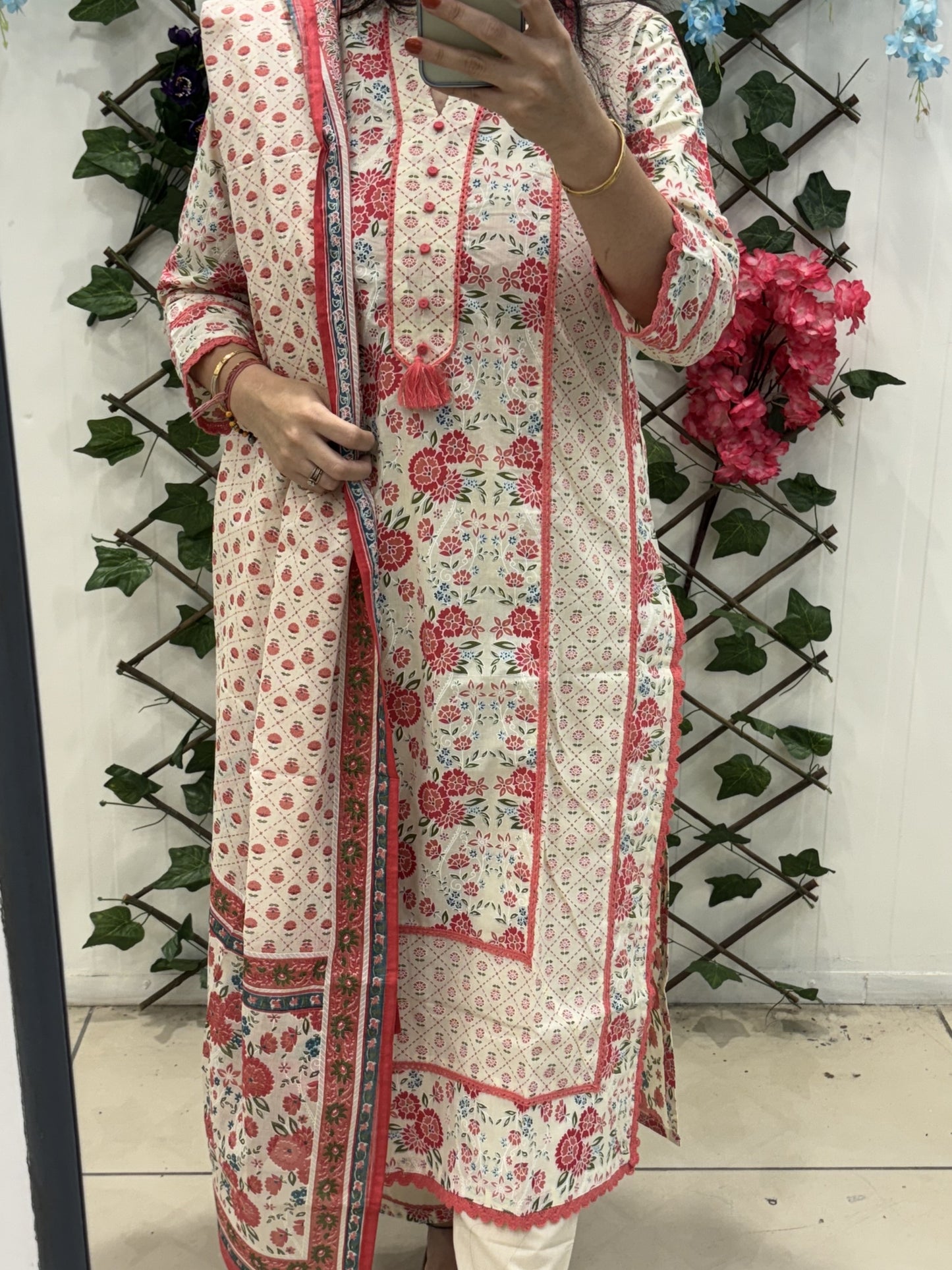 Cream Cotton Suit with Pink Thread Embroidery