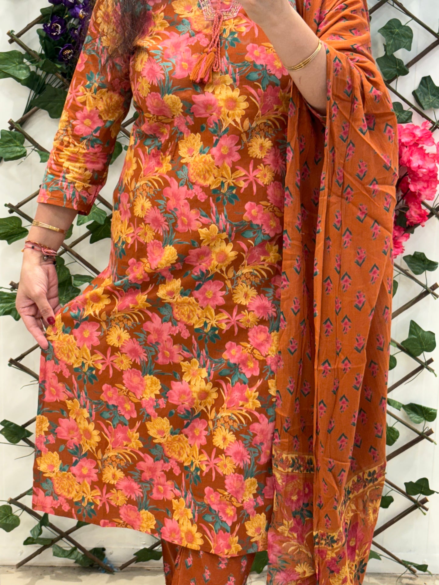 Brown Cotton Suit with Mul Cotton Dupatta