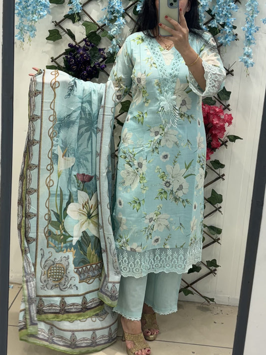 Ice Blue Cotton Set With Pearl Embroidery