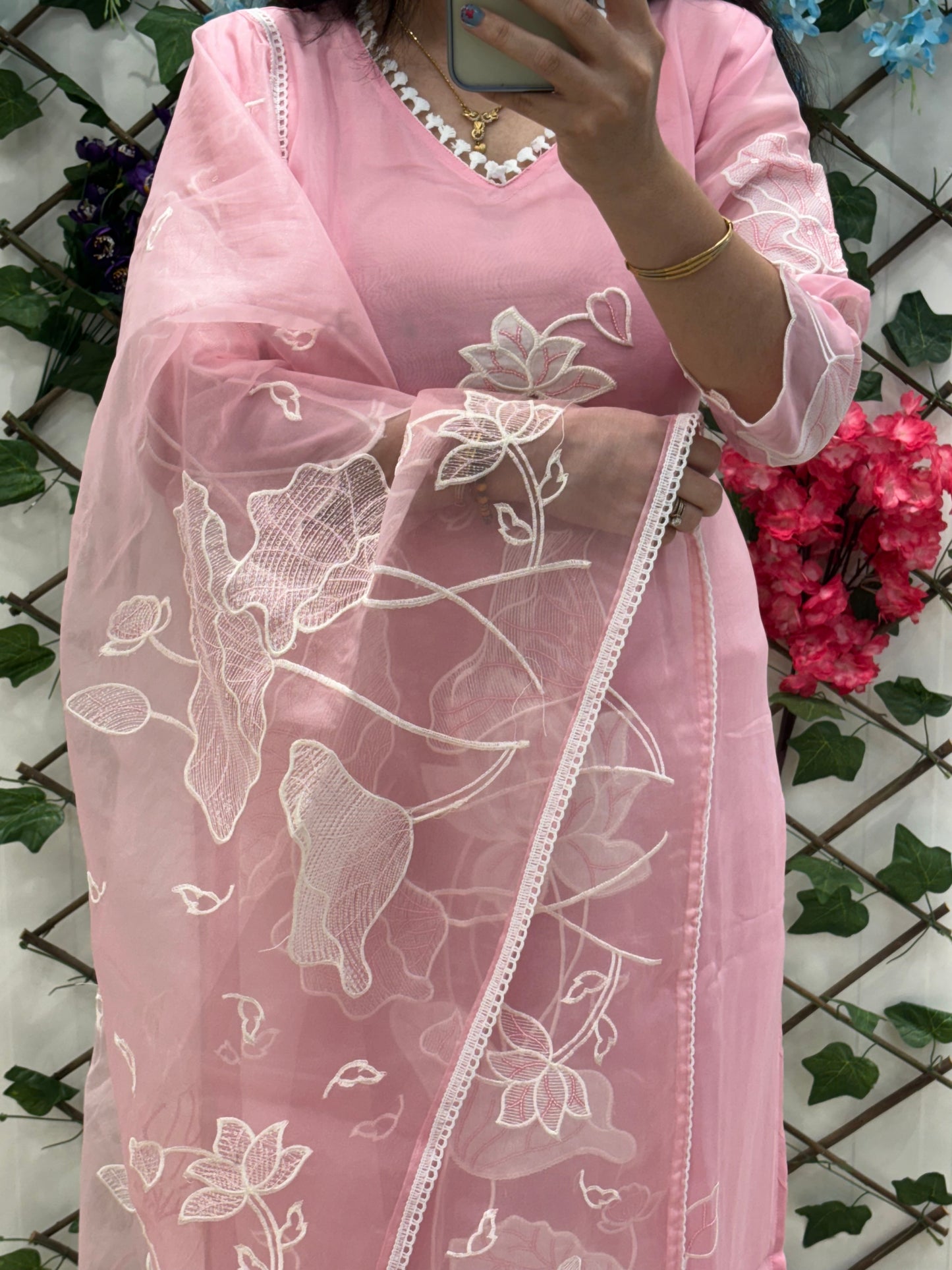 Pink Organza Hand Work Suit