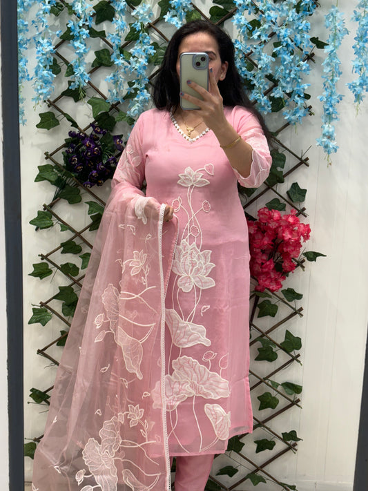 Pink Organza Hand Work Suit