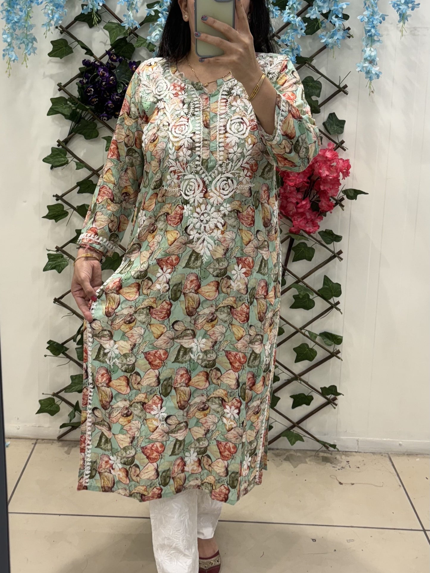 Green leaves chikankari kurti