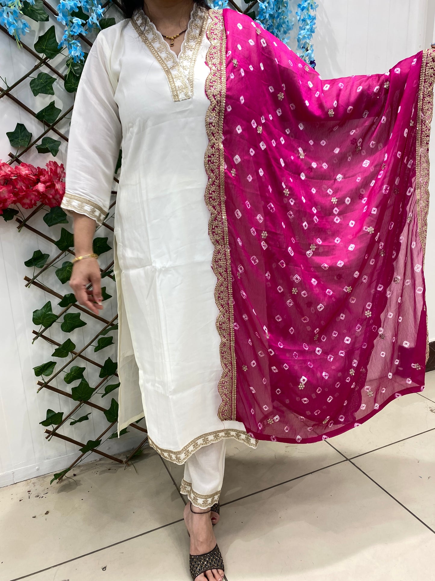 white silk suit with bandhani dupatta