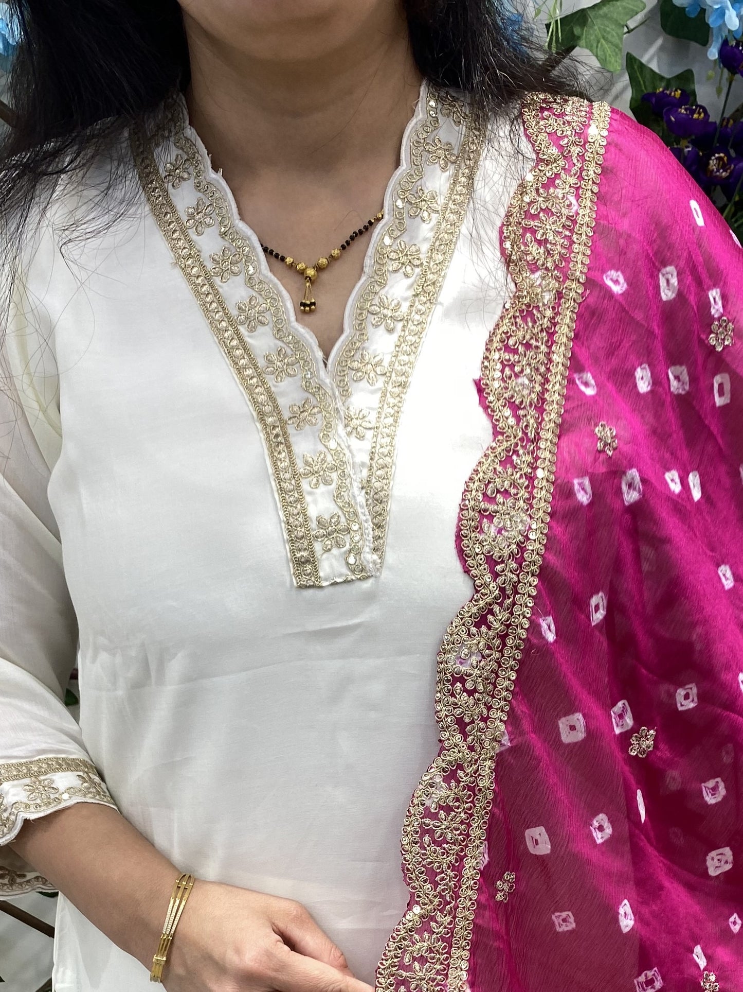 white silk suit with bandhani dupatta