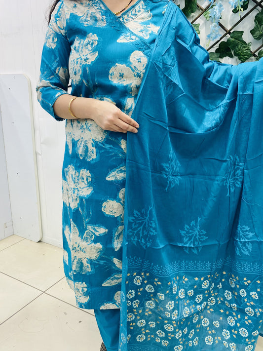 Blue Angrakha Pattern Cotton Suit