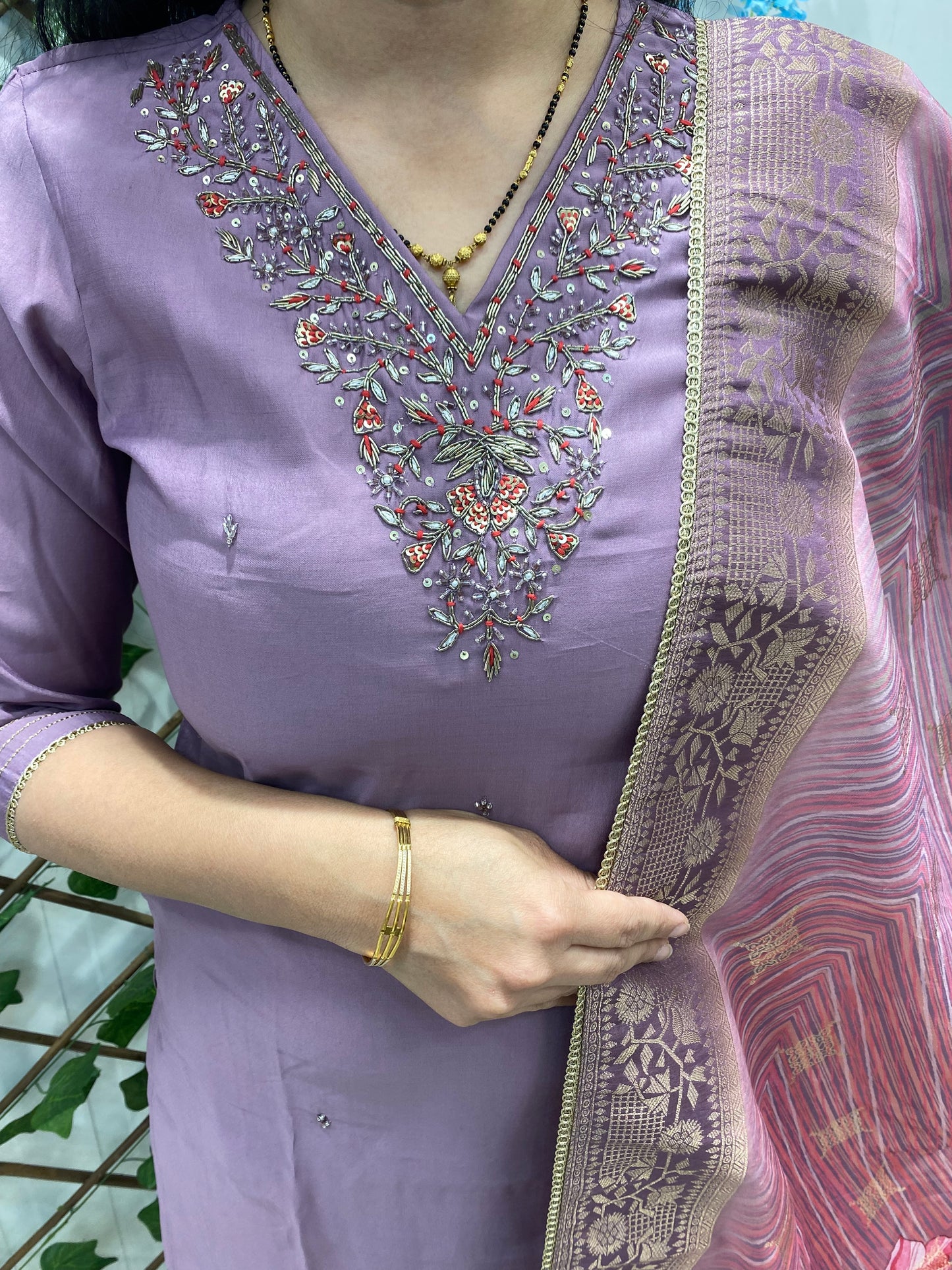 Lavender V-Neck Silk Suit