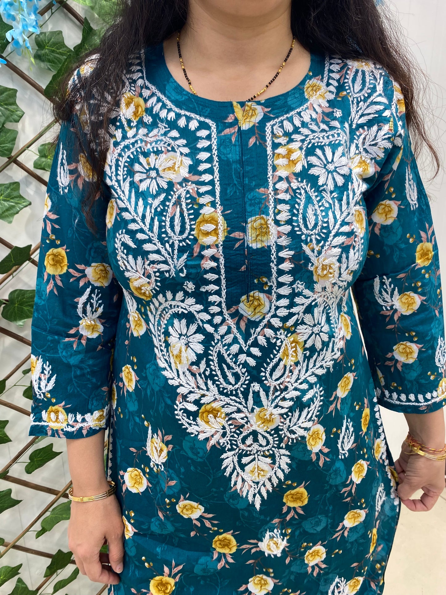 Green Cotton Chikankari Long Kurti