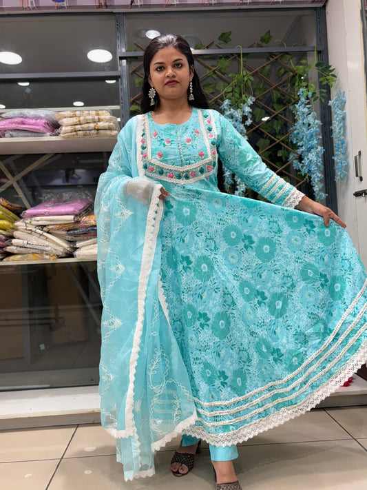 Blue fully embroidered anarkali set