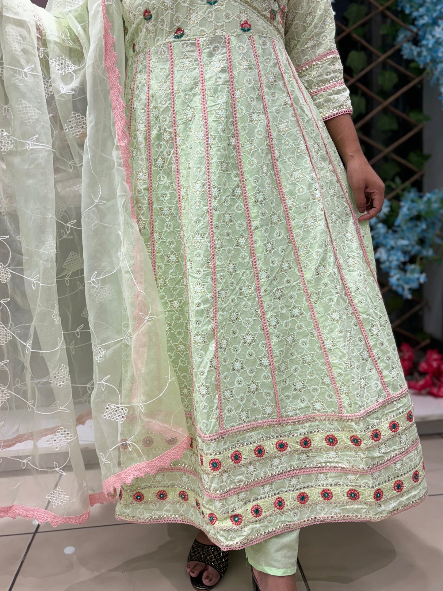 Green fully embroidered heavy lace detailing angrakha anarkali