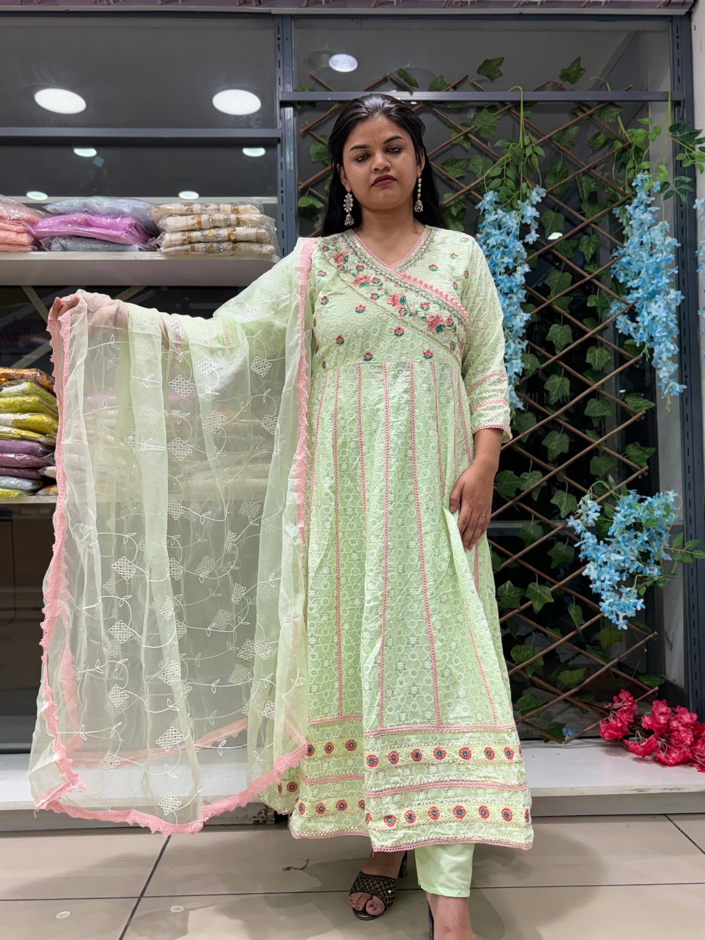 Green fully embroidered heavy lace detailing angrakha anarkali