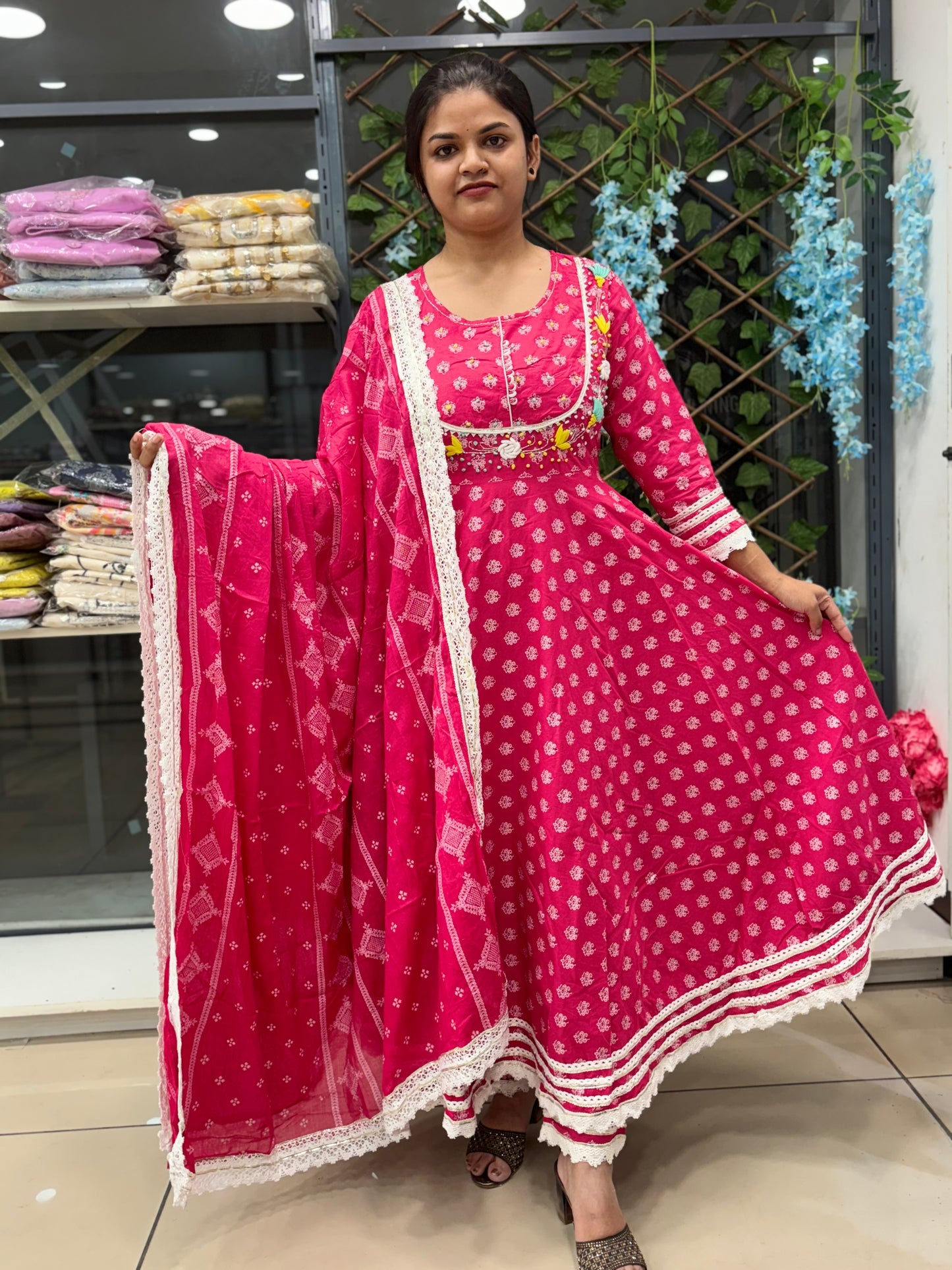 Red fully flaired pure cotton anarkali