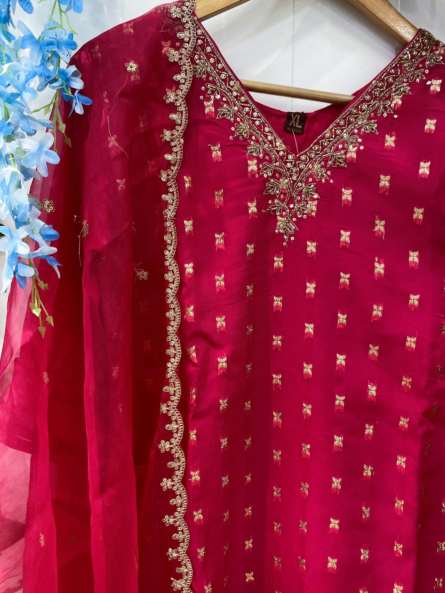 Pinkish Red Organza Suit