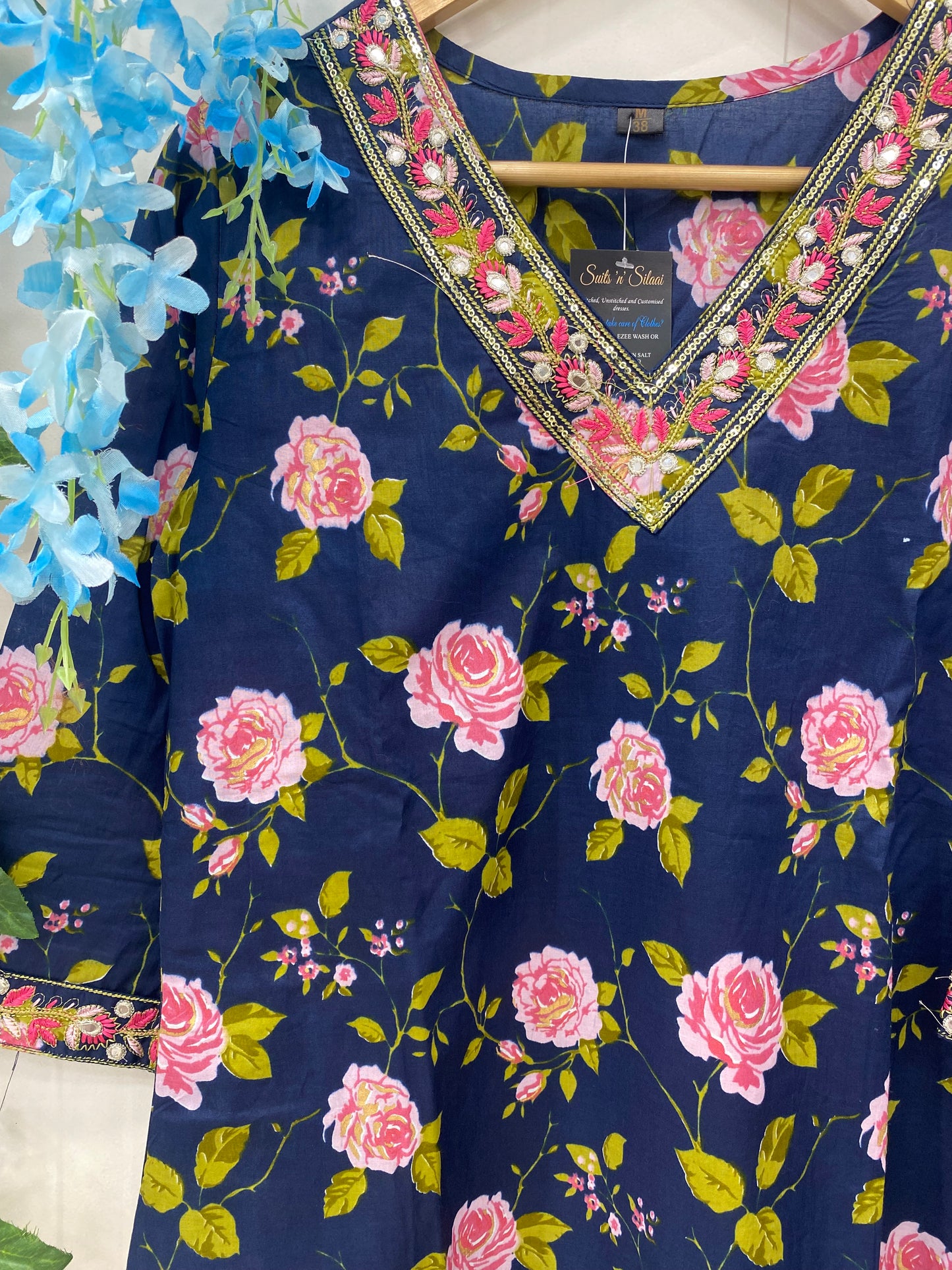 Blue Cotton Suit with Roses