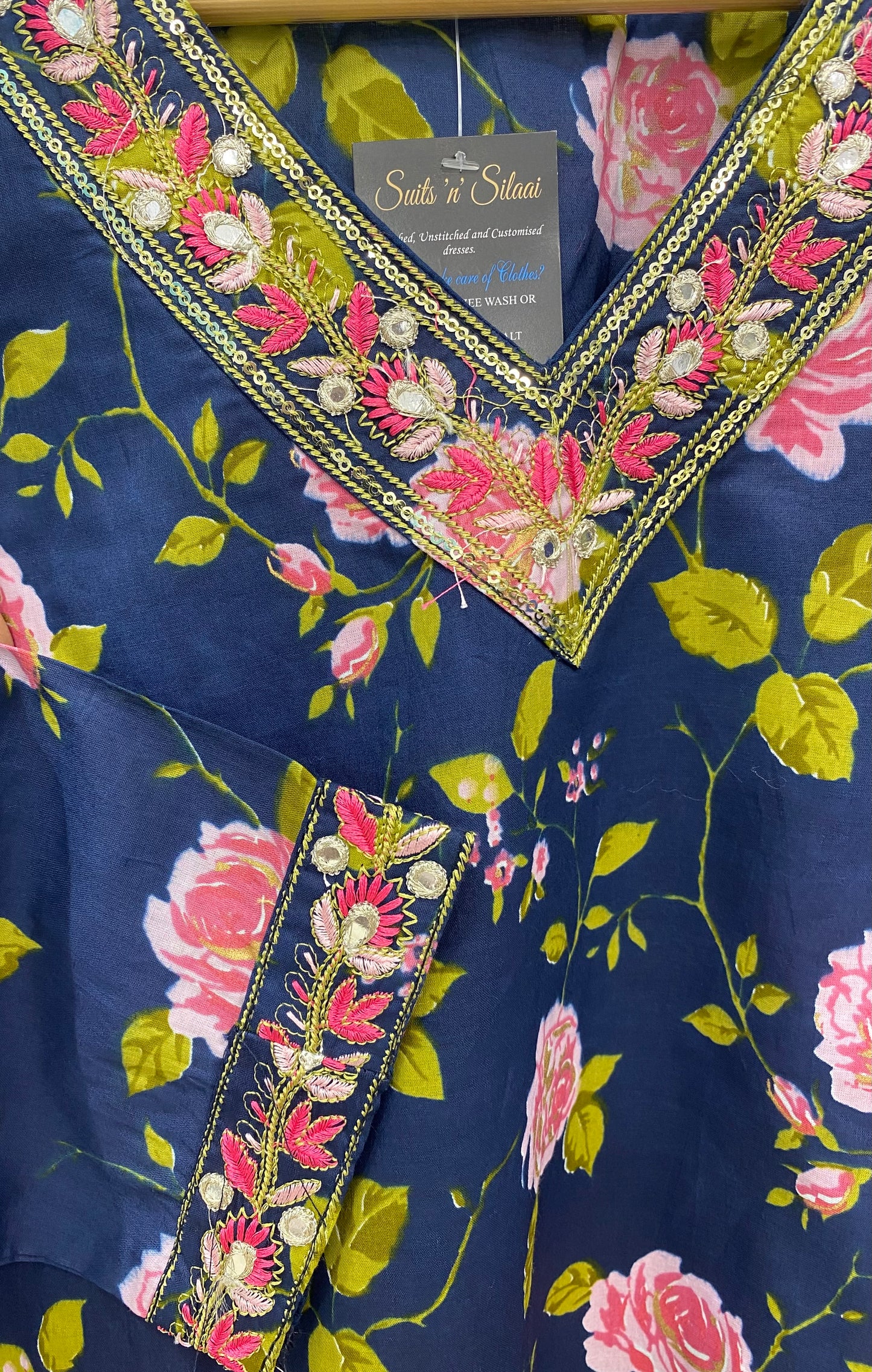 Blue Cotton Suit with Roses