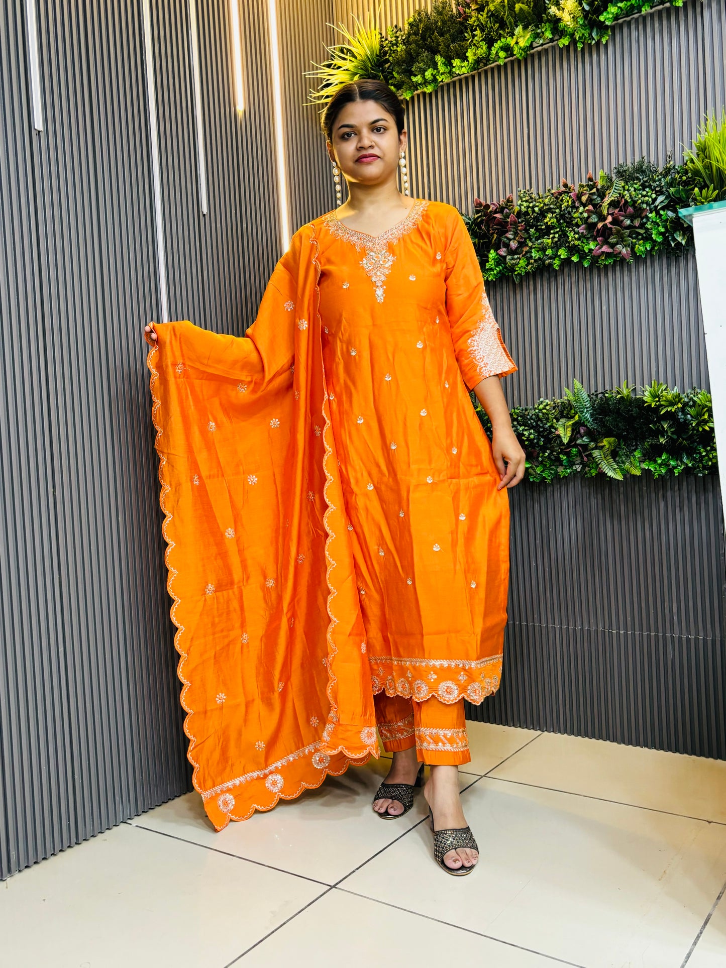 Orange full embroidered kurta set with cutwork on borders