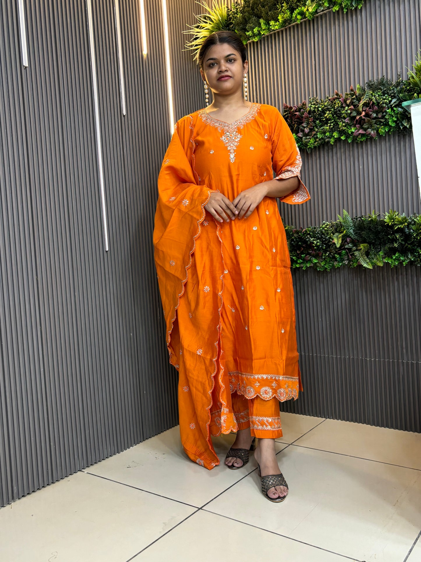 Orange full embroidered kurta set with cutwork on borders