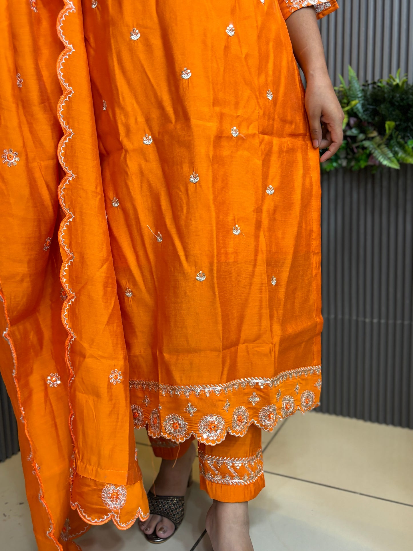 Orange full embroidered kurta set with cutwork on borders