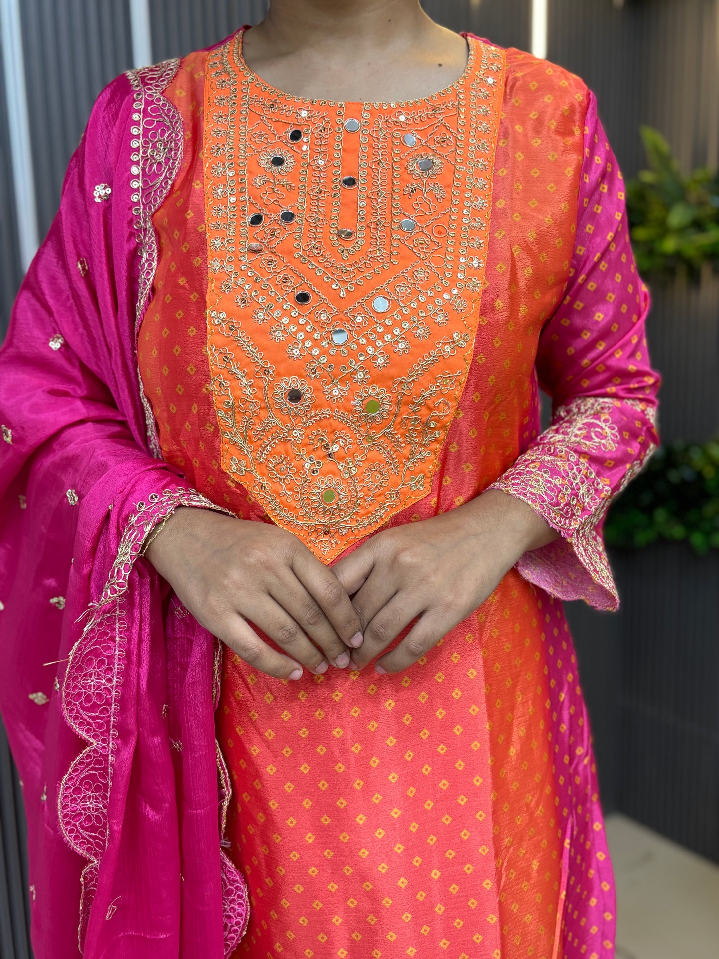 Viral orange rani contrast chinnon kurta set