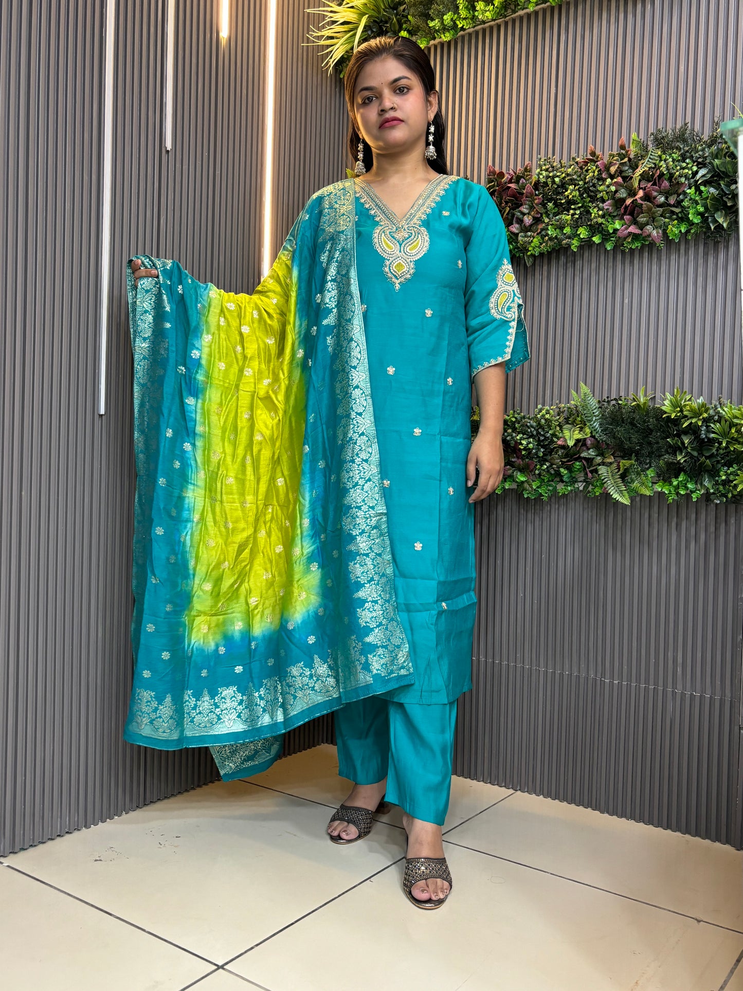 Green Viral embroidered kurta with banarasi dupatta