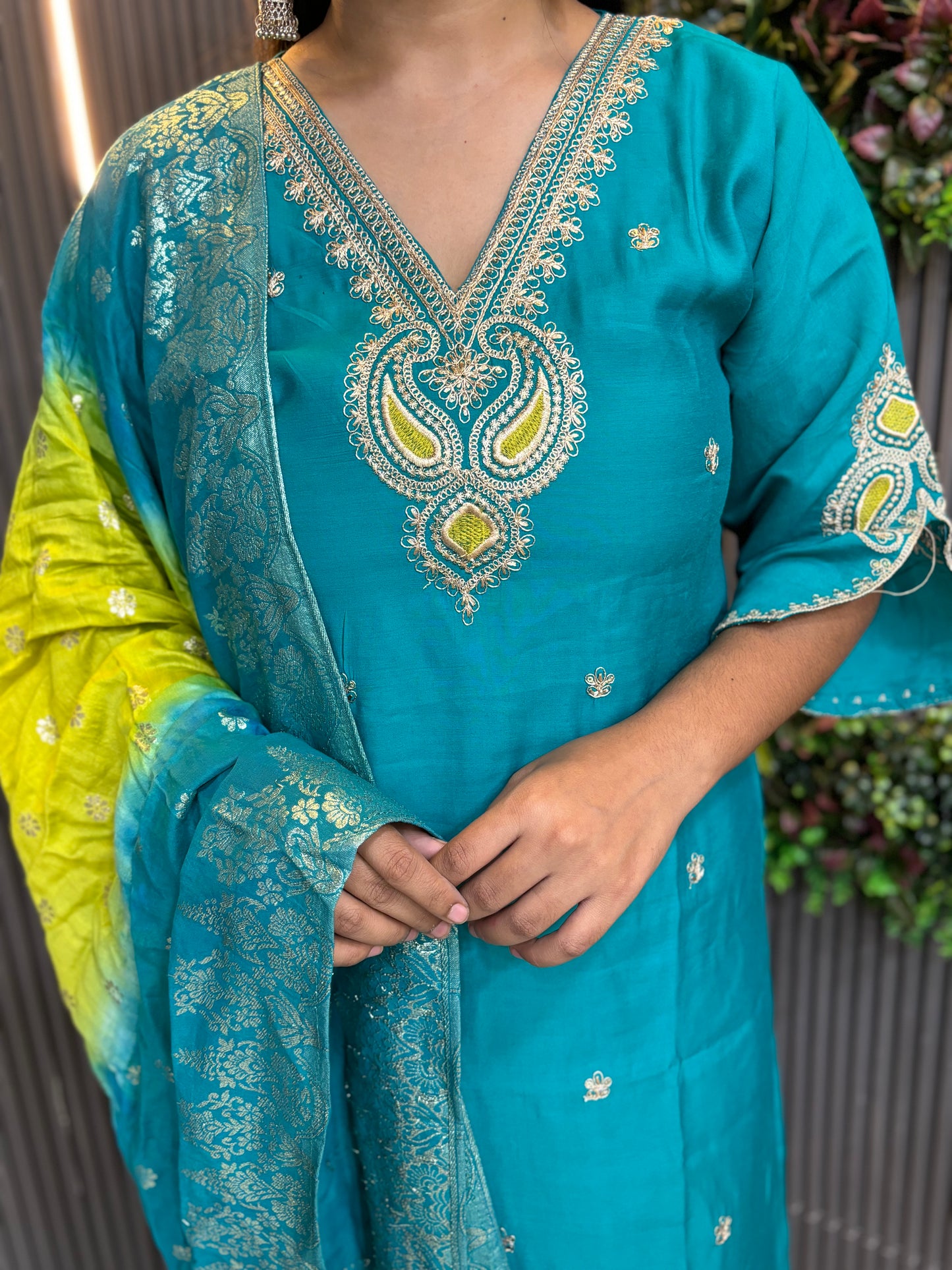 Green Viral embroidered kurta with banarasi dupatta