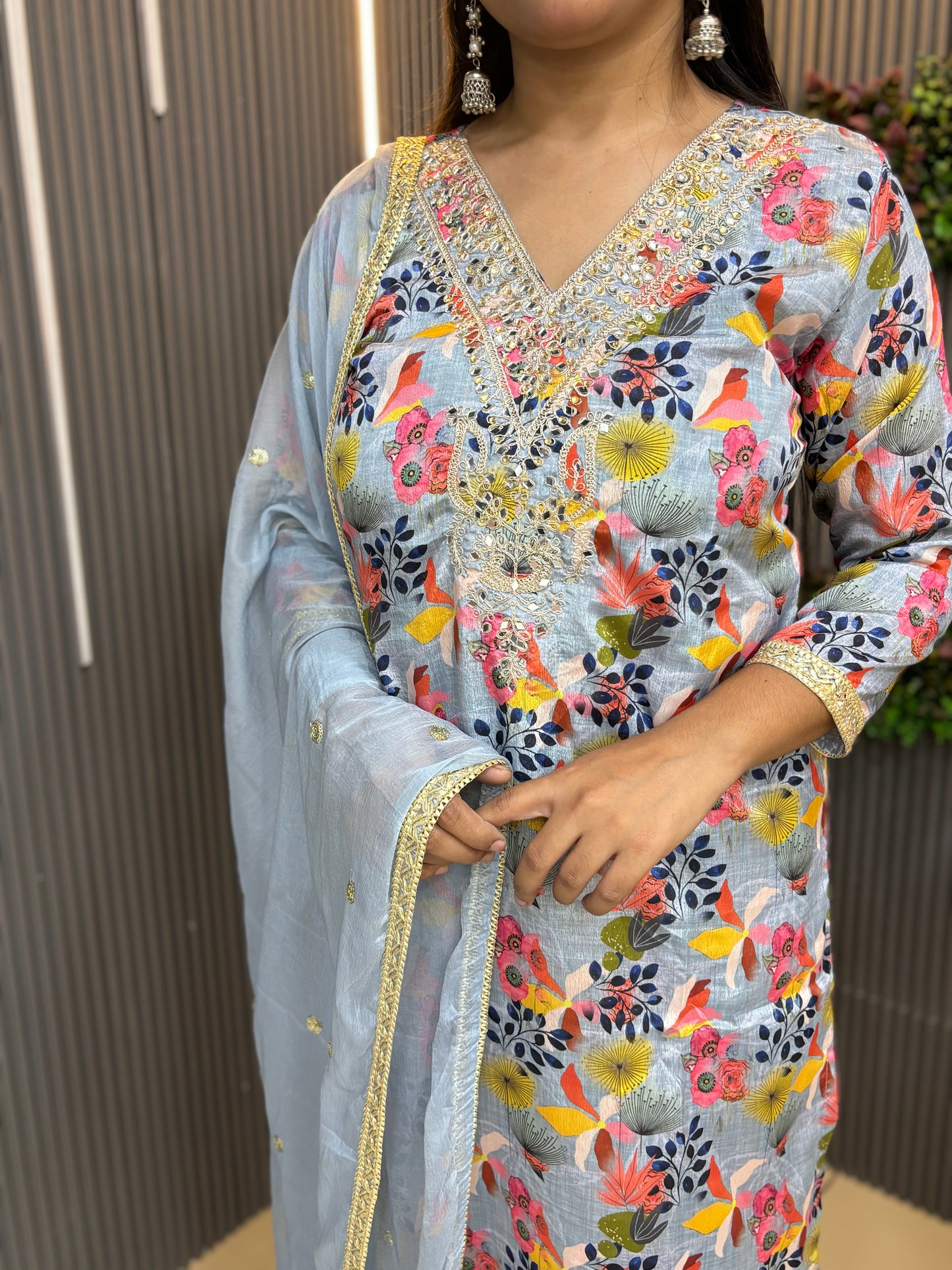 Grey chinnon full embroidered kurta set