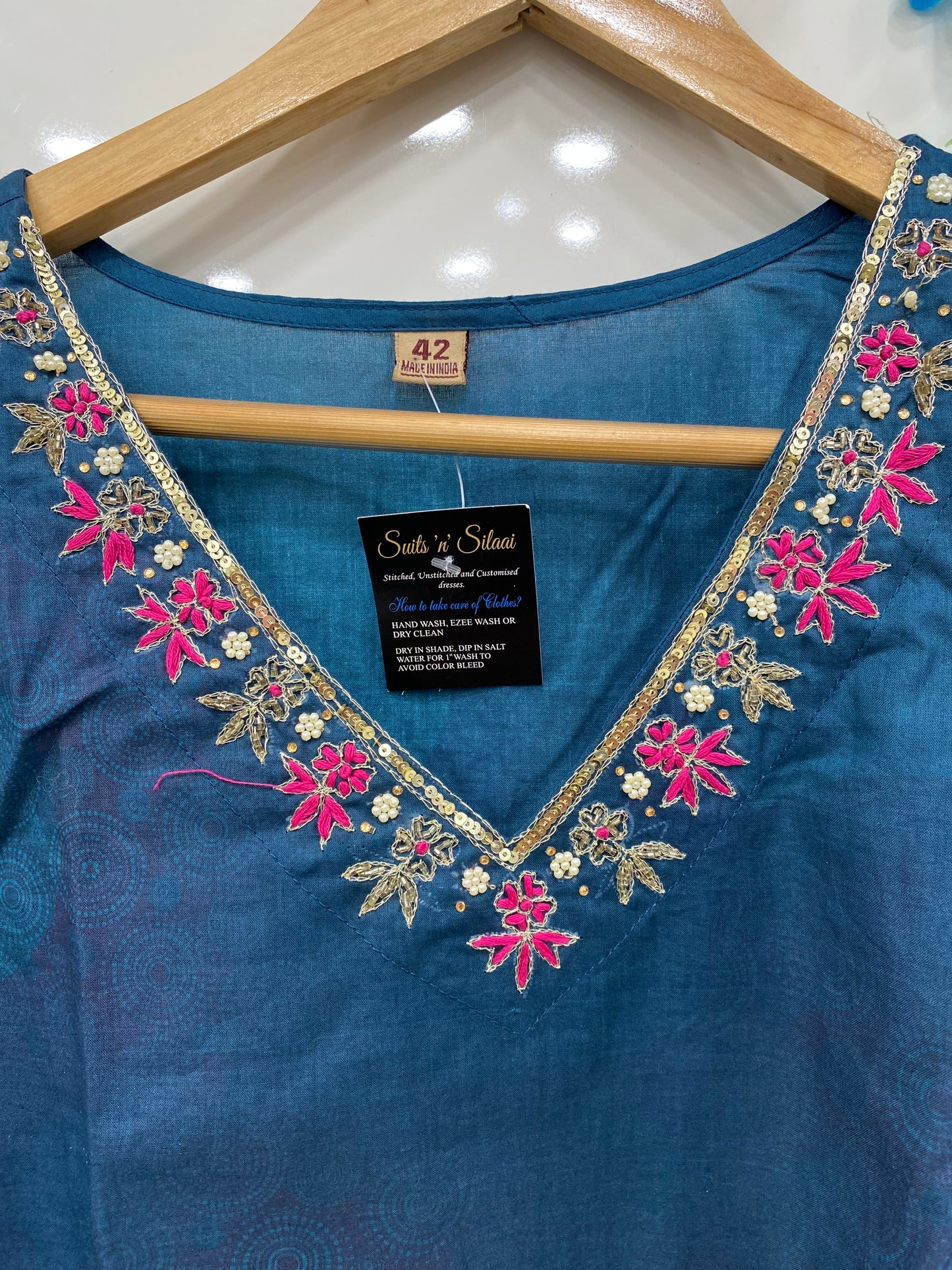 Blue Mul Cotton with Hand Embroidery on V Neck