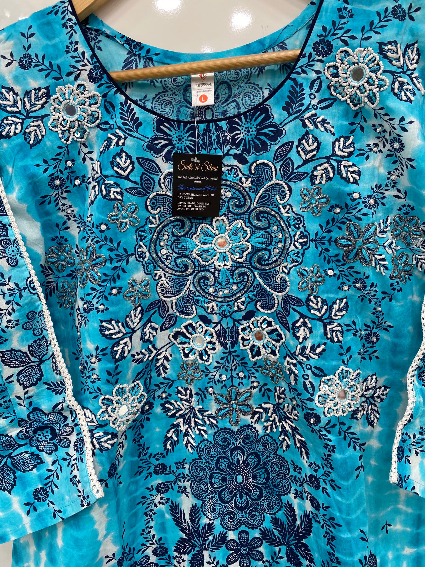 Blue Cotton Suit with Embroidery on Neck