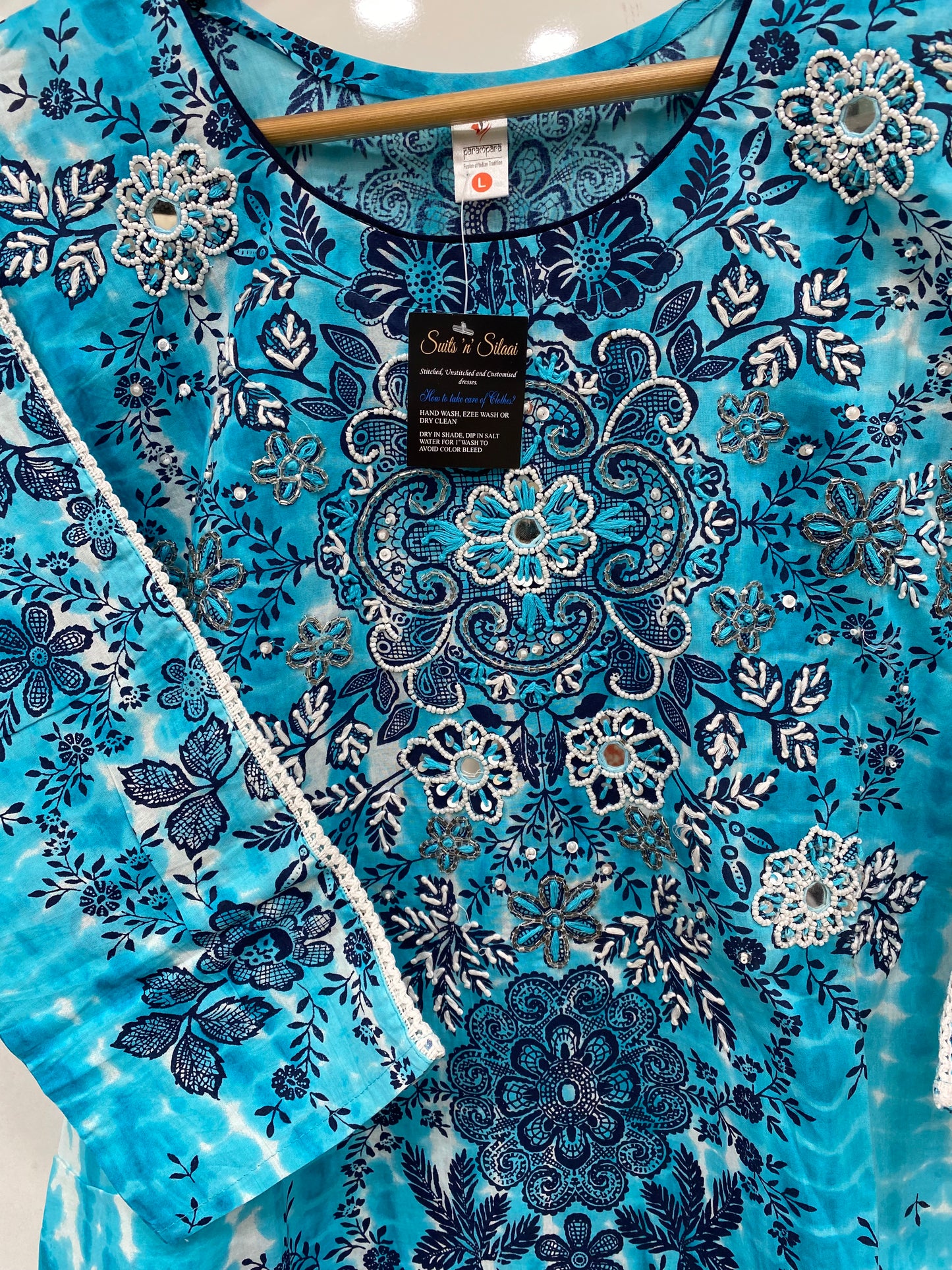 Blue Cotton Suit with Embroidery on Neck