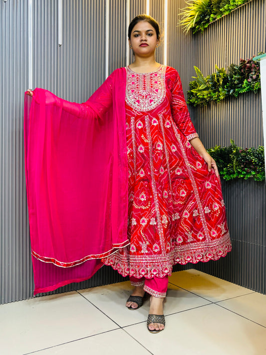 Red rani embroidered rayon anarkali set