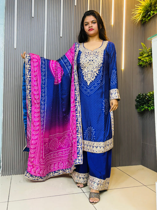 Blue heavy embroidered pure chinnon plazzo set