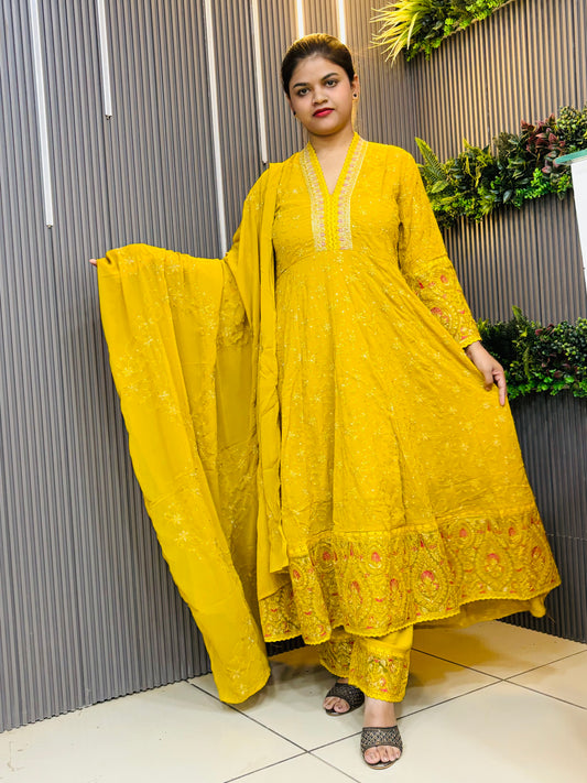 Mustard Georgette fully embroidered anarkali set