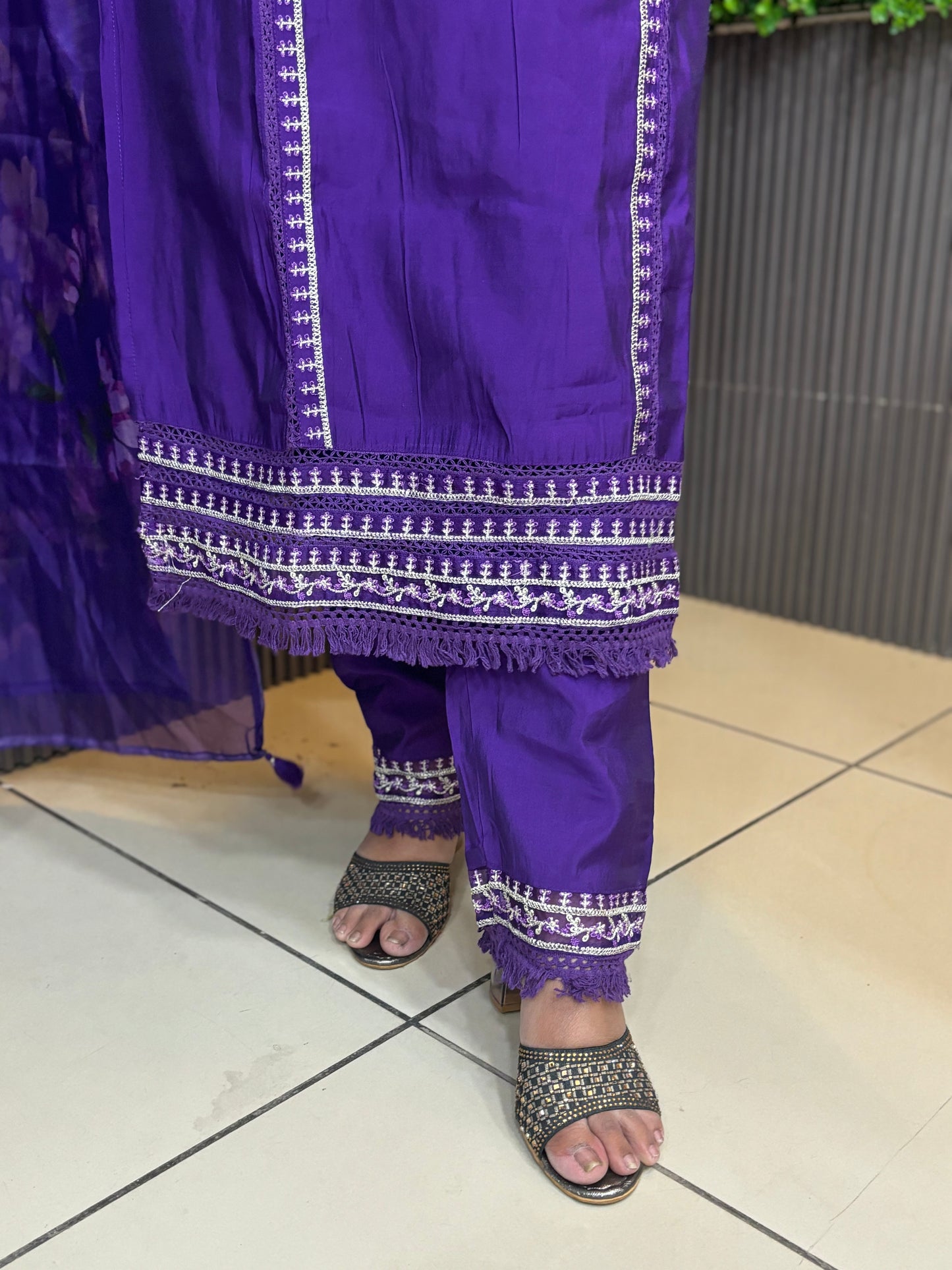 Purple laced silk kurta set