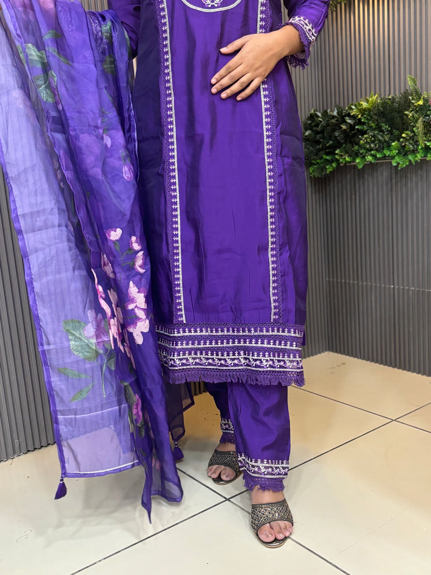 Purple laced silk kurta set