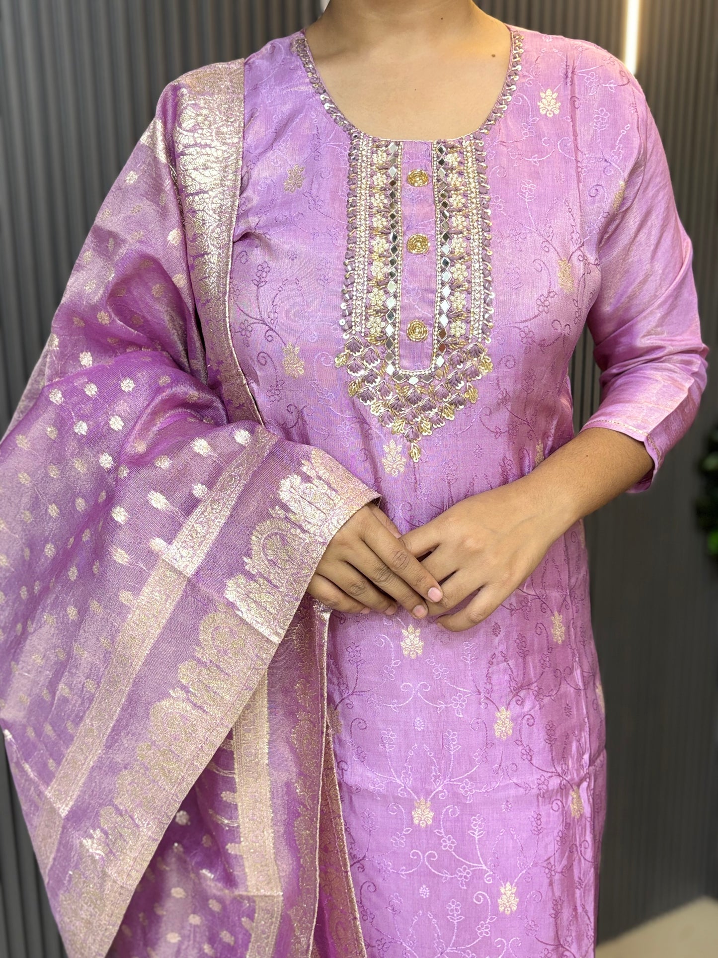 Hand embroidered lavender pure tissue shimmer kurti