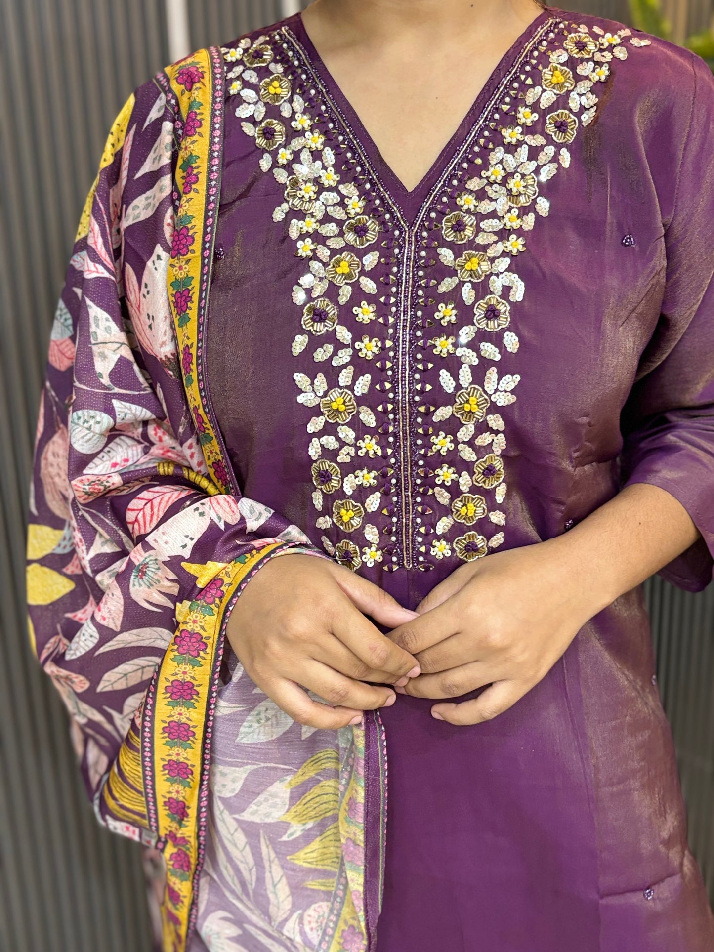 Pure tissue shimmer hand embroidery lavender kurta set