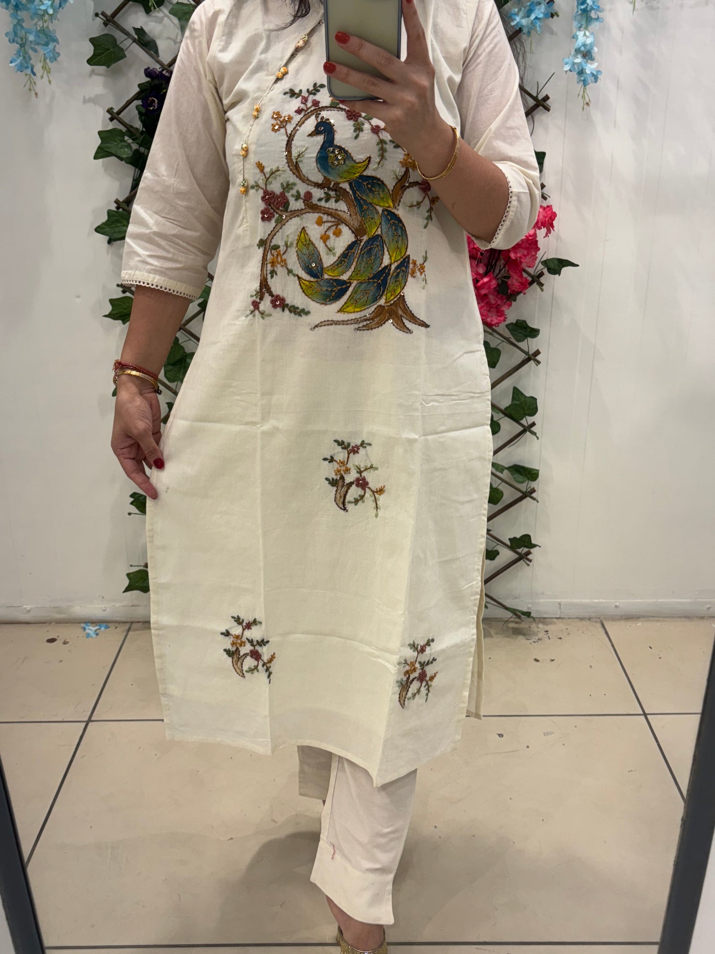 Cream peacock thread embroidery kurta set