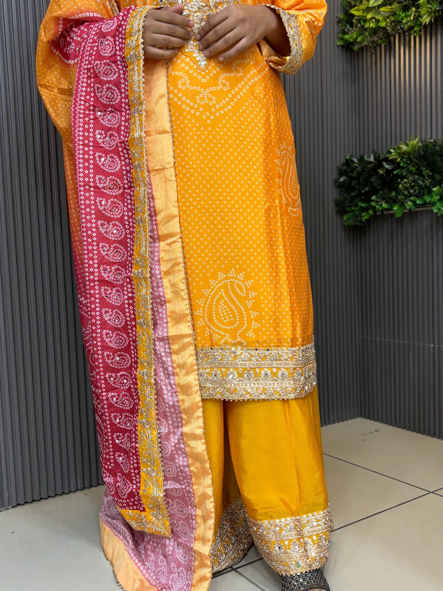 Yellow bandhani printed heavy embroidered plazzo set