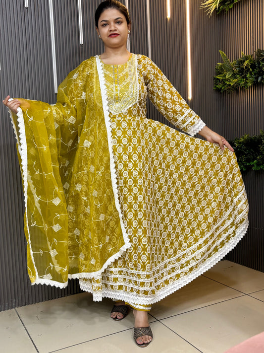 Mustard fully embroidered georgette anarset