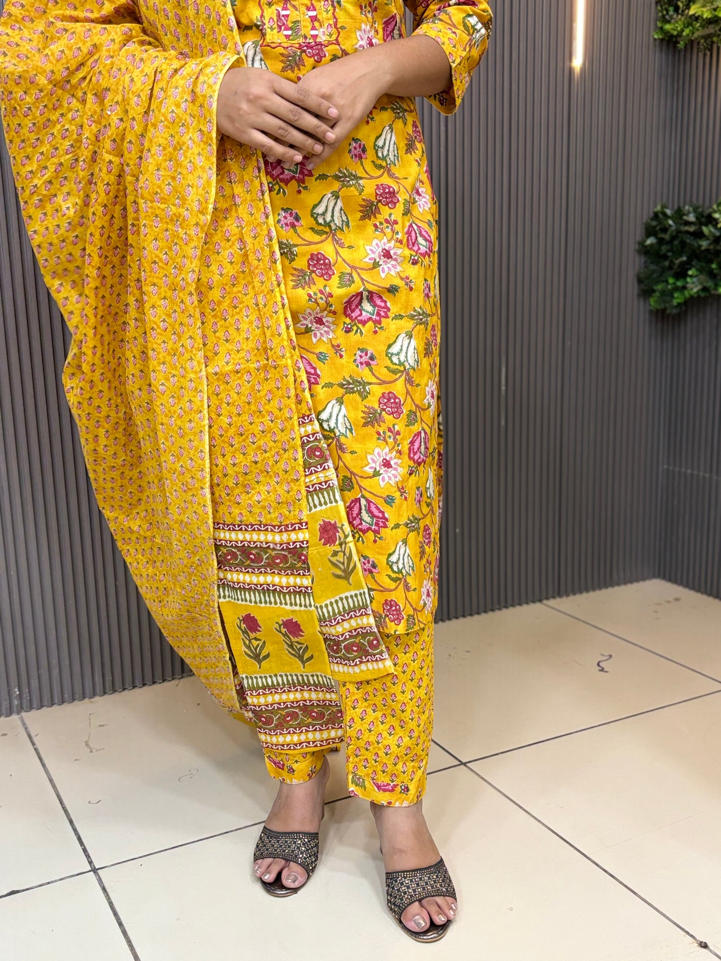 Yellow floral  cotton kurta set