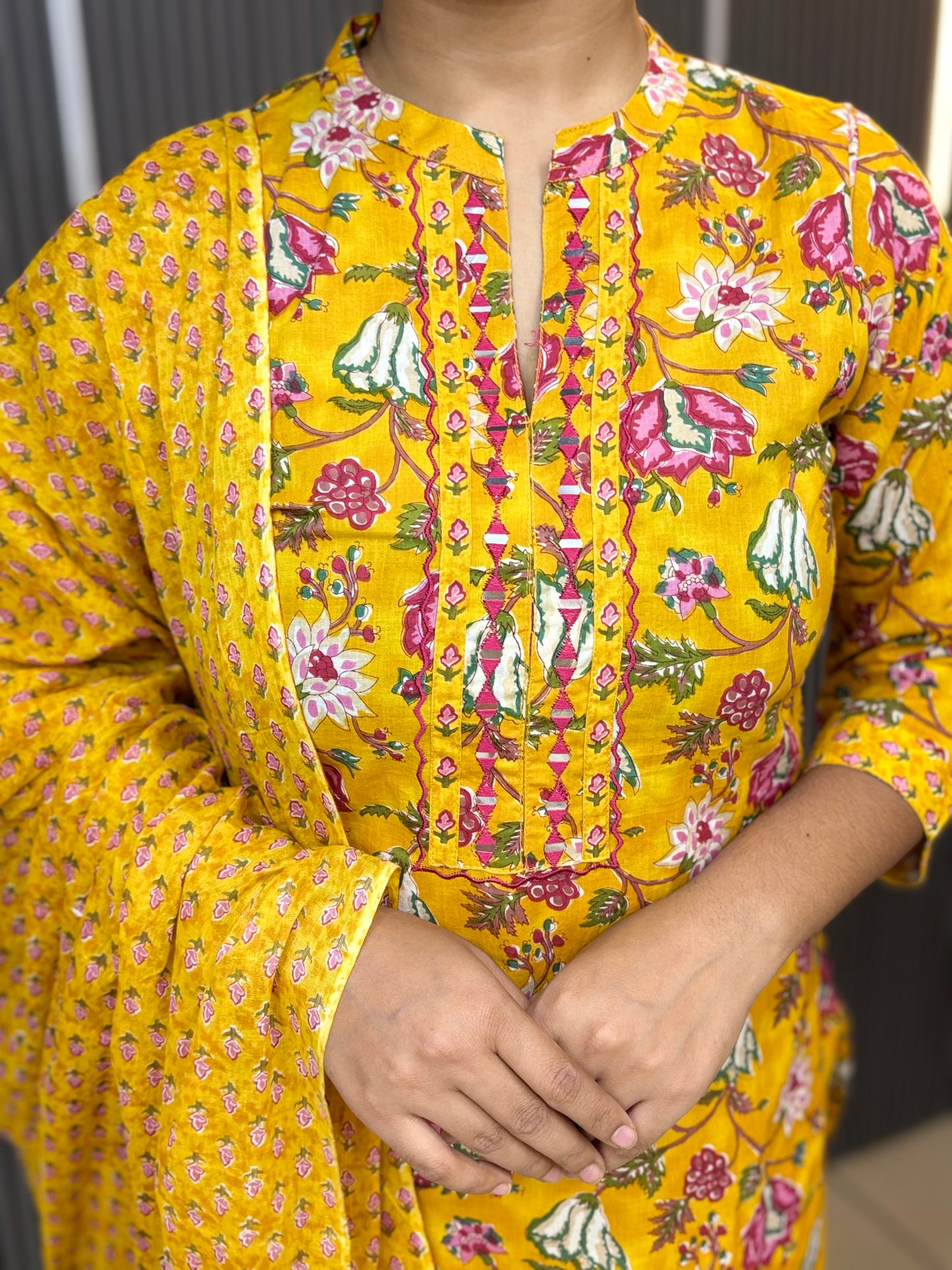 Yellow floral  cotton kurta set