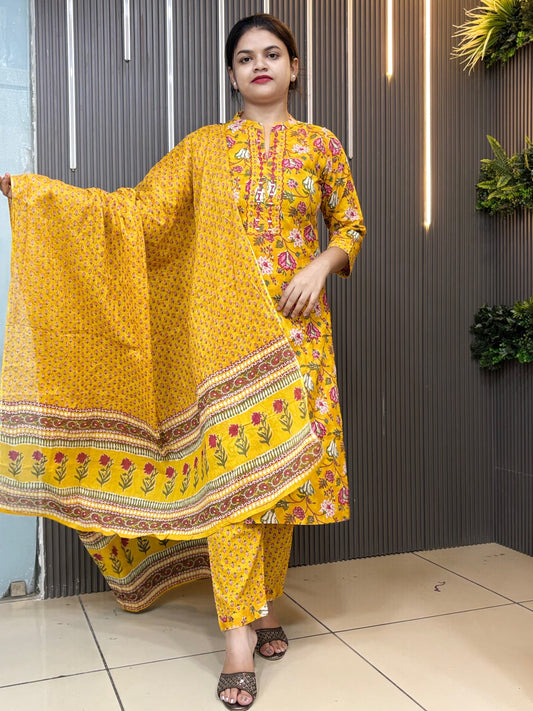 Yellow floral  cotton kurta set