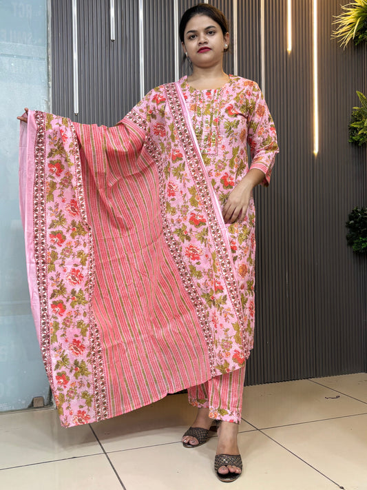 Pink floral pure cotton kurta set