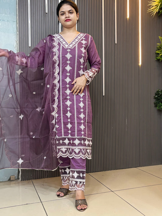 Fully embroidered lavender cotton kurta set