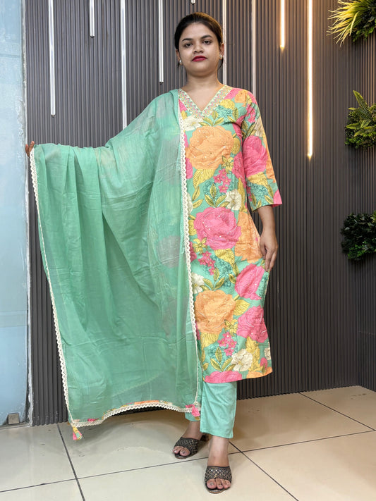 Green vneck pearl embroidered floral kurta set