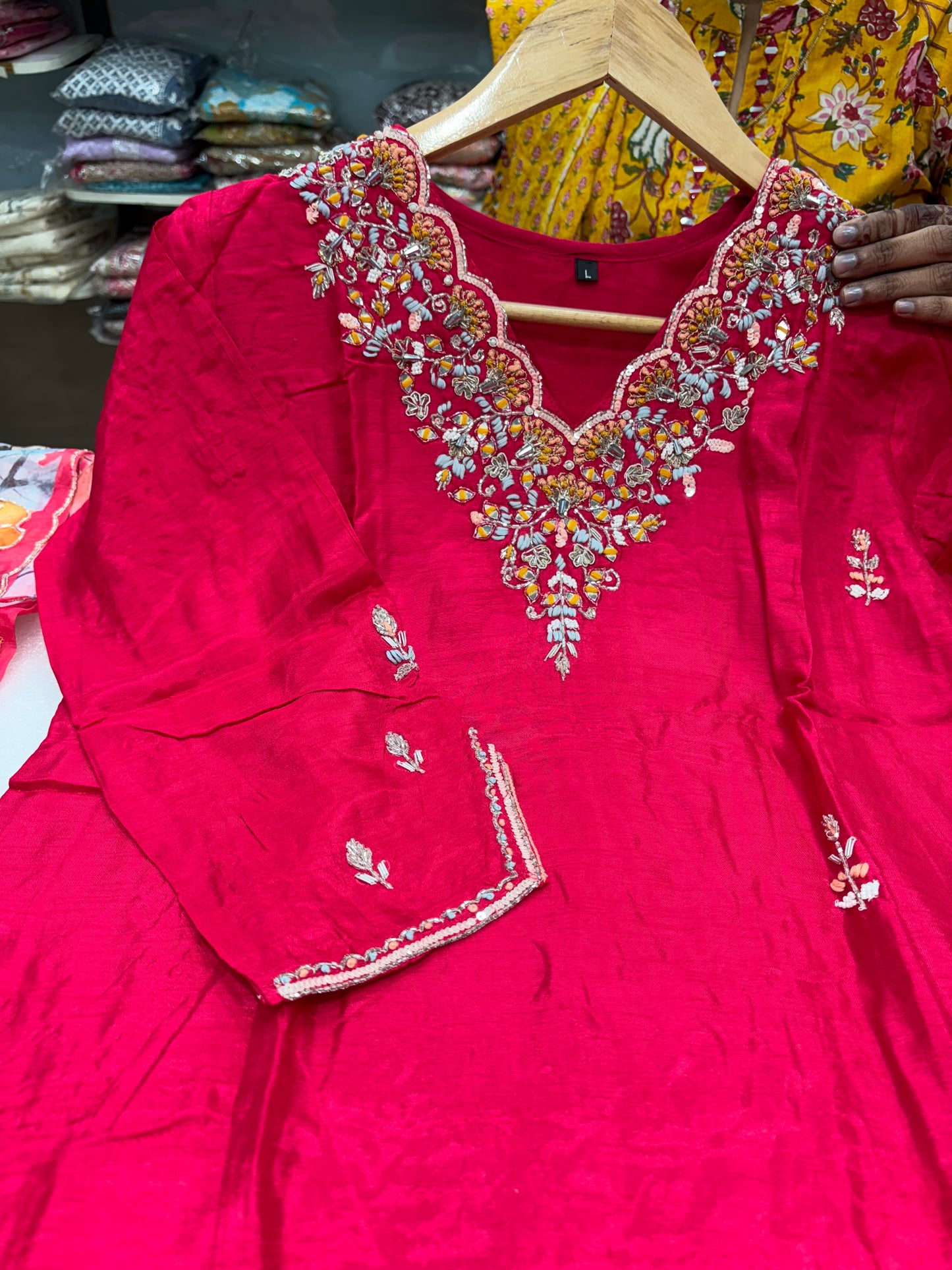 Vneck Rani hand embroidery partywear kurta set